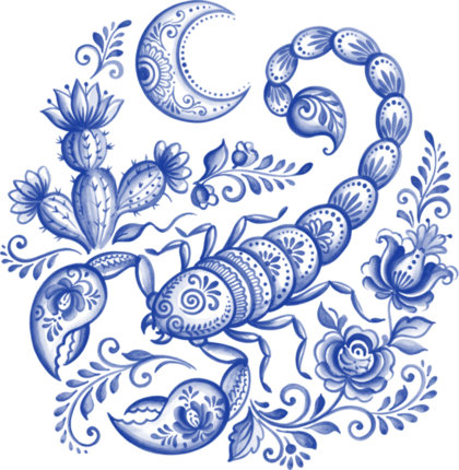 Гжельская роспись: Скорпион среди цветов, хвост завит спиралью