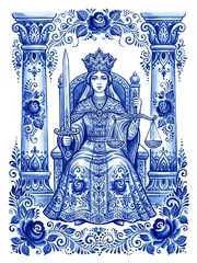 Карта таро Справедливость в росписи гжель