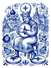Карта таро Четвёрка пентаклей в росписи гжель