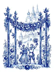 Карта таро Четвёрка жезлов в росписи гжель